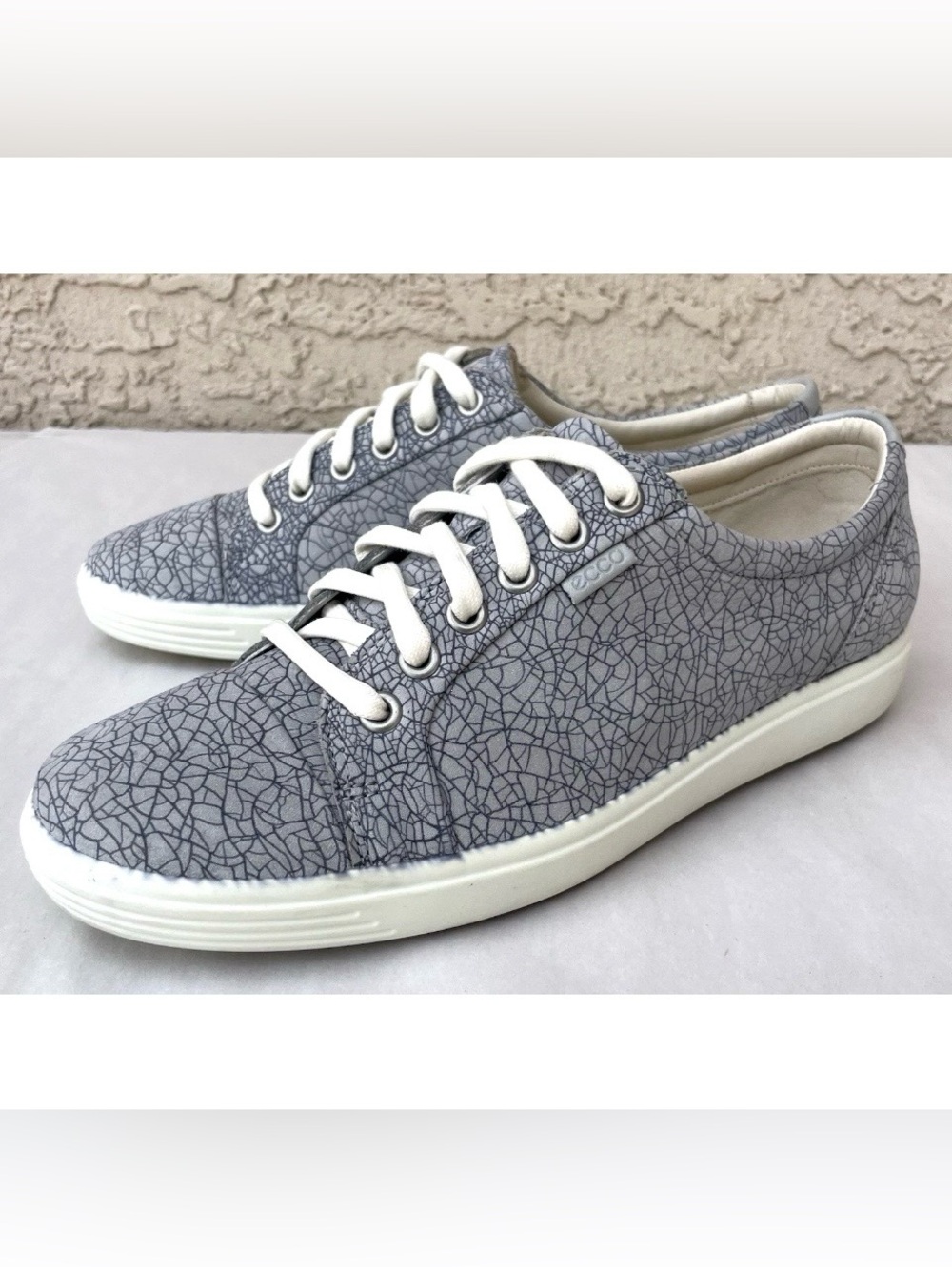 ECCO Soft 7 Womens Sz EU 39 US 8 Casual Sneakers Concrete Magnet Crackle Leather